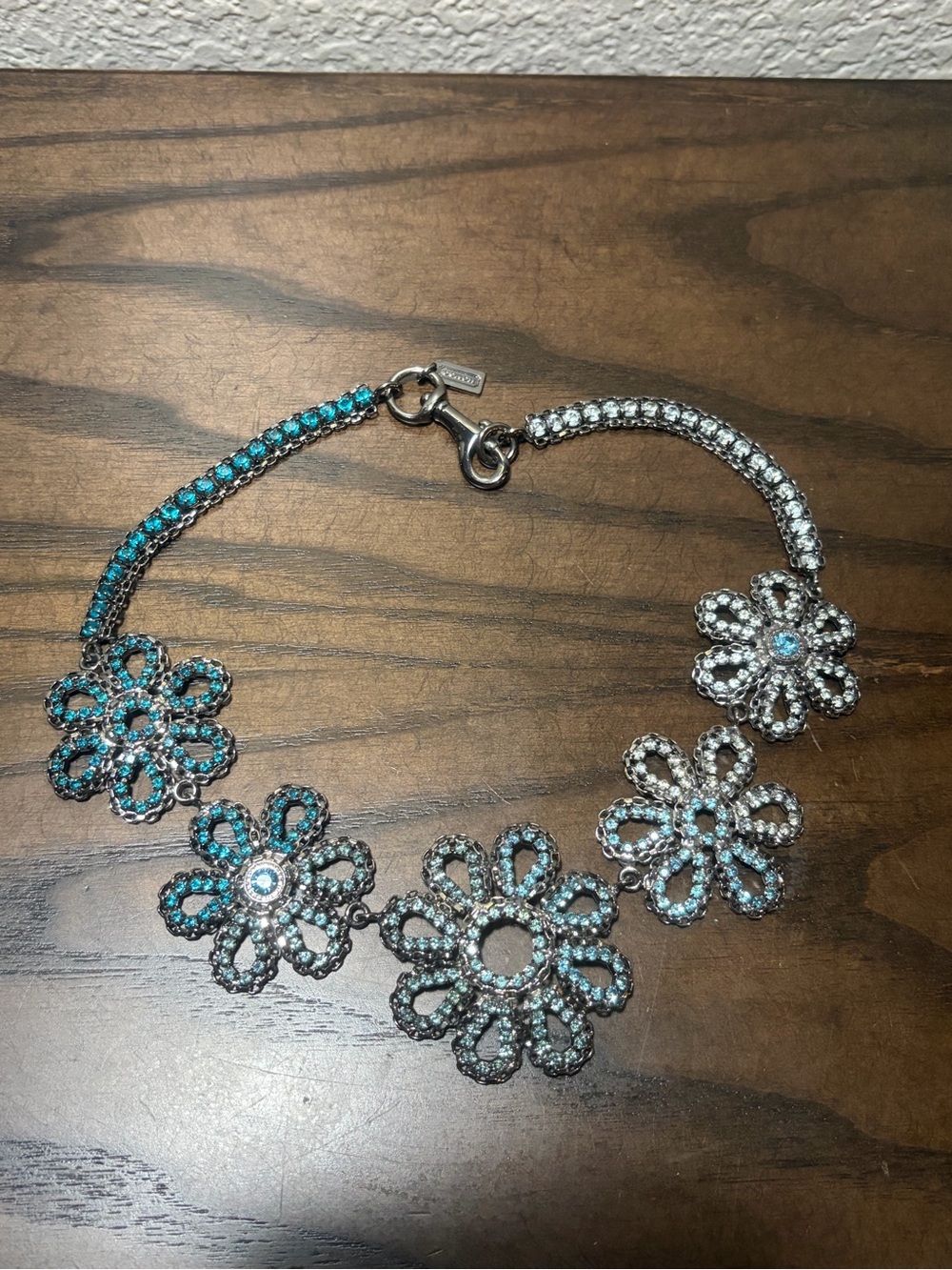 Coach Blue Crystal Flower Necklace Silver Plated